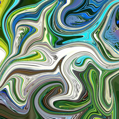 Vibrant green and blue abstract fluid artwork with dynamic swirls and flowing lines. Perfect for backgrounds, prints, or creative design.