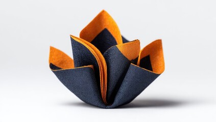 A meticulously folded dark-blue pocket square with vibrant orange inner lining, creating a flower-like shape against a stark white backdrop.  The texture appears soft and luxurious
