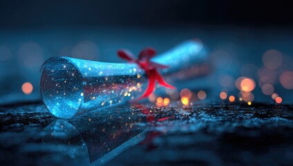 Glowing, translucent scroll with red ribbon rests on dark, reflective surface; bokeh lights blur background