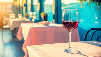 Glass of red wine on the table in restaurant at sunset time