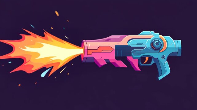 Futuristic Blaster Illustration: A vibrant digital illustration of a futuristic blaster gun unleashing a fiery blast, showcasing high-tech weaponry and stylized action.