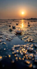 Serene sunrise over calm water, featuring several white water lilies and glistening sunlight reflecting on the surface