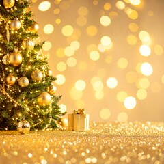 Christmas tree with gold ornaments and gift