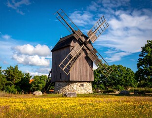 Antique wooden windmill in a field of wildflowers under a vibrant blue sky