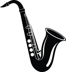 Vector art of a black silhouette of a saxophone, a musical instrument used for playing jazz, blues, and classical music