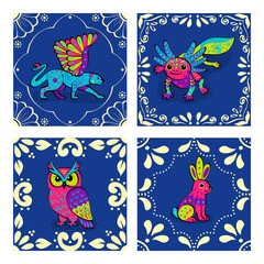 Obraz premium Alebrije Fantasy Creatures – Mexican Folk Art jaguar, axolotl, owl, and rabbit, each creature features wings, feathers, or bright colors, with hand-drawn otomi patterns and framed in decorative 