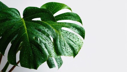 Two vibrant green, tropical leaves with water droplets, set against a plain white background, showcasing their detailed venation and texture
