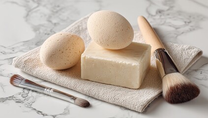Two beige facial cleansing puffs rest atop a bar of off-white soap on a beige linen cloth, accompanied by two makeup brushes on a marble surface