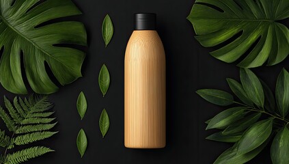 A light brown, cylindrical bottle with a black cap rests on a dark background, surrounded by lush green tropical leaves
