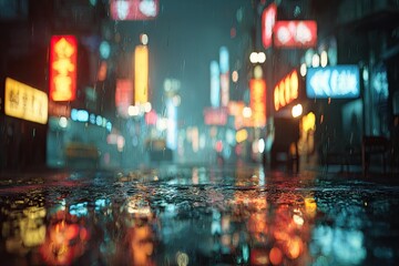 Rainy night in a vibrant, neon-lit city street; reflections shimmer on a wet, dark pavement; blurred background of bustling activity