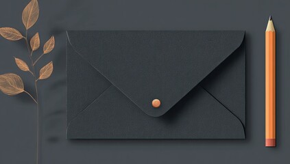 Dark grey envelope with copper button, positioned beside a dried branch and orange pencil on a dark grey background; flatlay