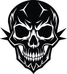 Fototapeta premium Vector art of a stylized black and white illustration of a skull with sharp teeth and glowing eyes, isolated on a white background
