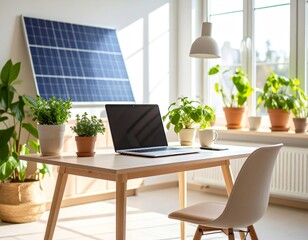 Fototapeta premium Eco‑friendly hybrid office workspace with plants and solar panel backdrop AI Generated image A beautifully styled eco-focused home office featuring green plants, natural daylight, a laptop on a light 
