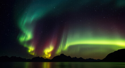 Vibrant aurora borealis dances across the night sky over a serene landscape