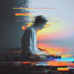 A melancholic figure, head bowed, sits by a glitch-effect sunrise over water, their form partially obscured by digital distortion
