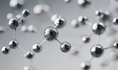 Abstract 3D rendering of metallic spheres interconnected by thin rods, forming a complex molecular structure against a blurred grey background