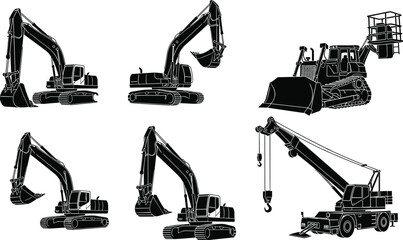 Construction equipment silhouette vector, black and white heavy machinery set with excavators, bulldozer, crane, platform lift, flat drawing ©  Creative Crafter