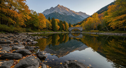 Fototapeta premium Majestic mountain peak reflects in calm autumn river amidst vibrant fall foliage