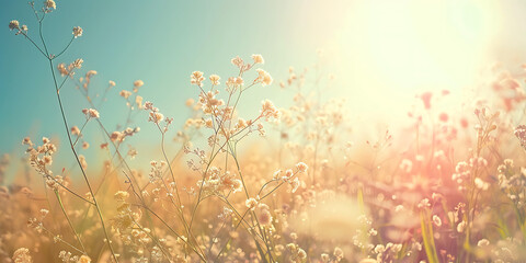 Sunlit field with wildflowers under clear blue sky

