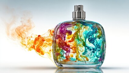 A clear glass perfume bottle with a silver spray top, filled with vibrant swirling multicolored inks; an abstract plume of similar colored inks trails behind it, creating a dynamic