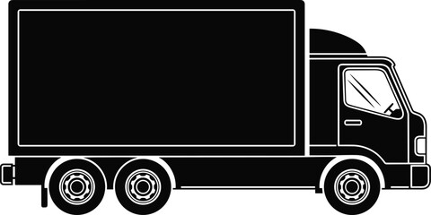 Truck vector illustration, black and white cargo transport vehicle with dual rear wheels, flat side view drawing for logistics design