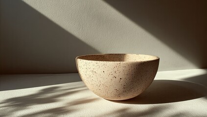 A speckled, cream-colored ceramic bowl sits on a white surface, bathed in diagonal sunlight casting shadows.  The bowl's texture is subtly rough, its form simple and slightly rounded