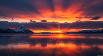 Dramatic sunset over calm water with vibrant sky and mountain silhouettes