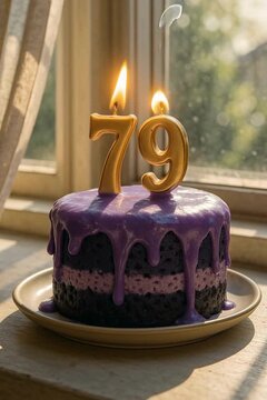 A delicious cake for 79th birthday, the candles ablaze and a promise of sweet moments to come. it embodies the joys of another year.