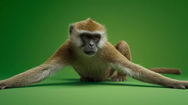 Close up of a monkey with arms outstretched against a solid bright green background image green screen animal video