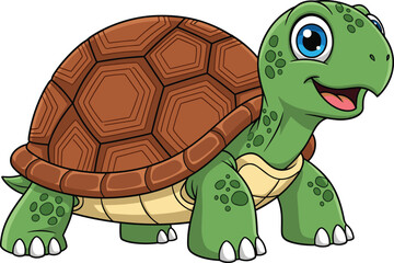 Cad drawing flat vector illustration of cartoon turtle mascot with expressive eyes, spotted green body, brown shell, smiling character