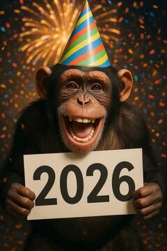 A chimpanzee grins brightly, donned in a party hat, joyfully displaying a sign that reads 2026 amid a celebratory shower of confetti and fireworks, embodying anticipation for the future.