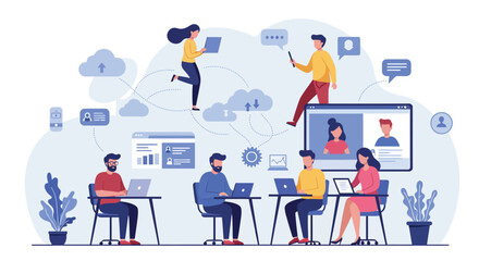 Remote team collaboration with cloud technology and virtual meetings in modern workplace