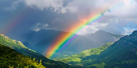 Rainbow arches over lush green mountains under cloudy sky
