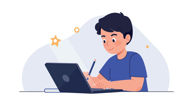Young boy studying with laptop and notepad in a modern cartoon style