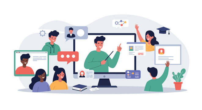 Online education concept with diverse students and teacher interacting in virtual classroom setting