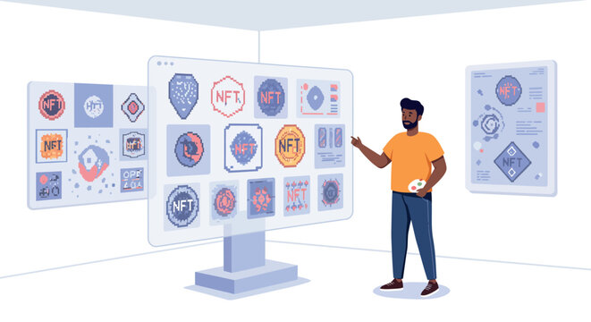 Digital art gallery with nft showcases and tech enthusiast in interactive space