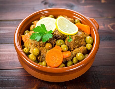 
 Algerian Olive Tagine (Tajine Zitoun) with Carrots and Meat &ndash; AI Generated
