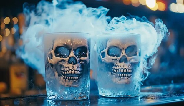 two glasses with skull decorations and dry ice emitting smoke, creating a spooky Halloween atmosphere in a bar