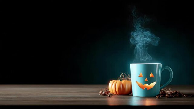 Steaming Halloween mug with jack-o-lantern face and small pumpkin on wooden table. Spooky autumn drink concept for holiday. All Hallows Eve, Samhain