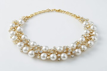 Elegant choker necklace featuring lustrous cream pearls and sparkling clear crystals, intricately set in a gold-toned metal framework
