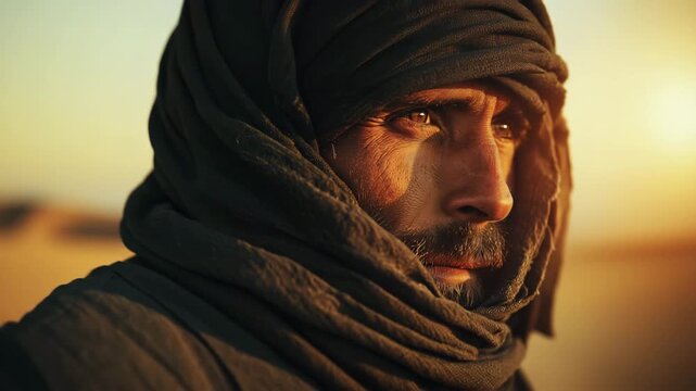 Close-up of a Bedouin face in a vast sun-scorched desert, backlit by harsh golden light