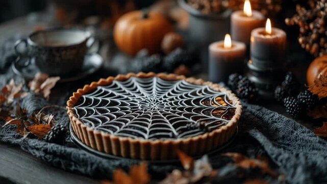 Halloween dessert table with a chocolate spiderweb tart. Creepy sweet treat for a spooky holiday celebration. Autumn fall festive sweets. All Hallows Eve, Samhain