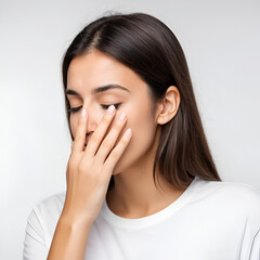 Young brunette girl closing covering nose over white background. Bad smell.