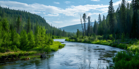 Tranquil river meanders through lush greenery with distant mountains
