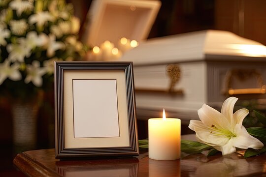 A somber scene empty picture frame, lit candle, white lily, and closed casket in dimly lit room