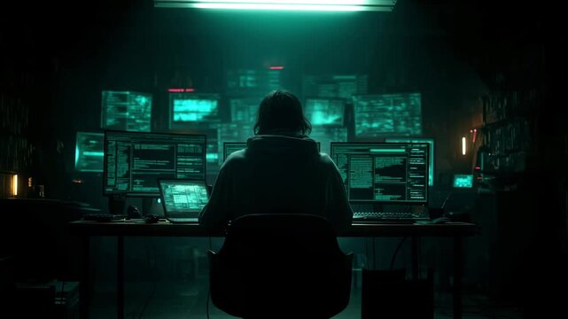 Hacker in a vast dimly lit room full of screens, backlit by flickering green code light
