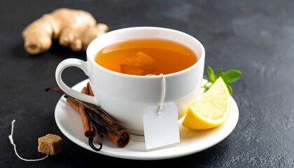 Aromatic herbal tea in a white cup
