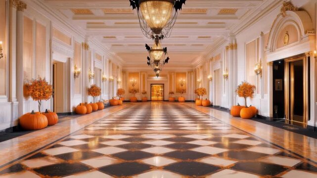 Luxury hotel lobby corridor decorated for Halloween with large pumpkins and elegant chandeliers adorned with small bats. All Hallows Eve, Samhain