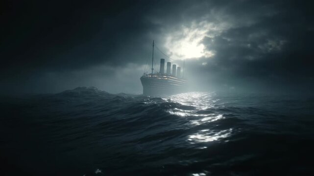 Titanic-like ship in a vast dark ocean, backlit by stormy silver moonlight