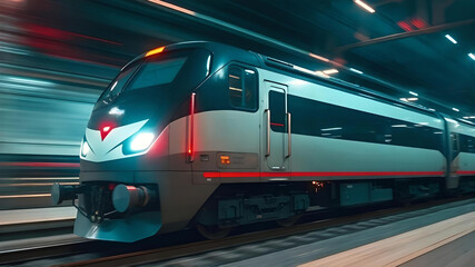 Naklejka premium Modern train moving through tunnel with motion blur effects 